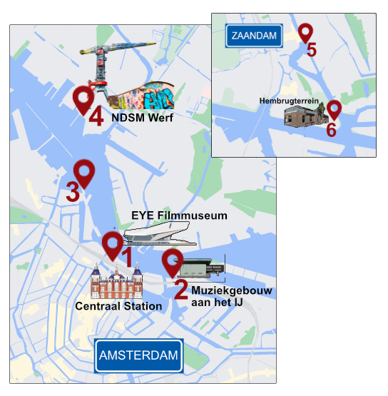 overview map boarding locations boat rental Amsterdam, Zaandam at Rederij Het IJ