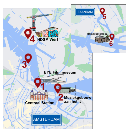 overzichtskaart opstaplocaties boot huren amsterdam, zaandam bij rederij het ij