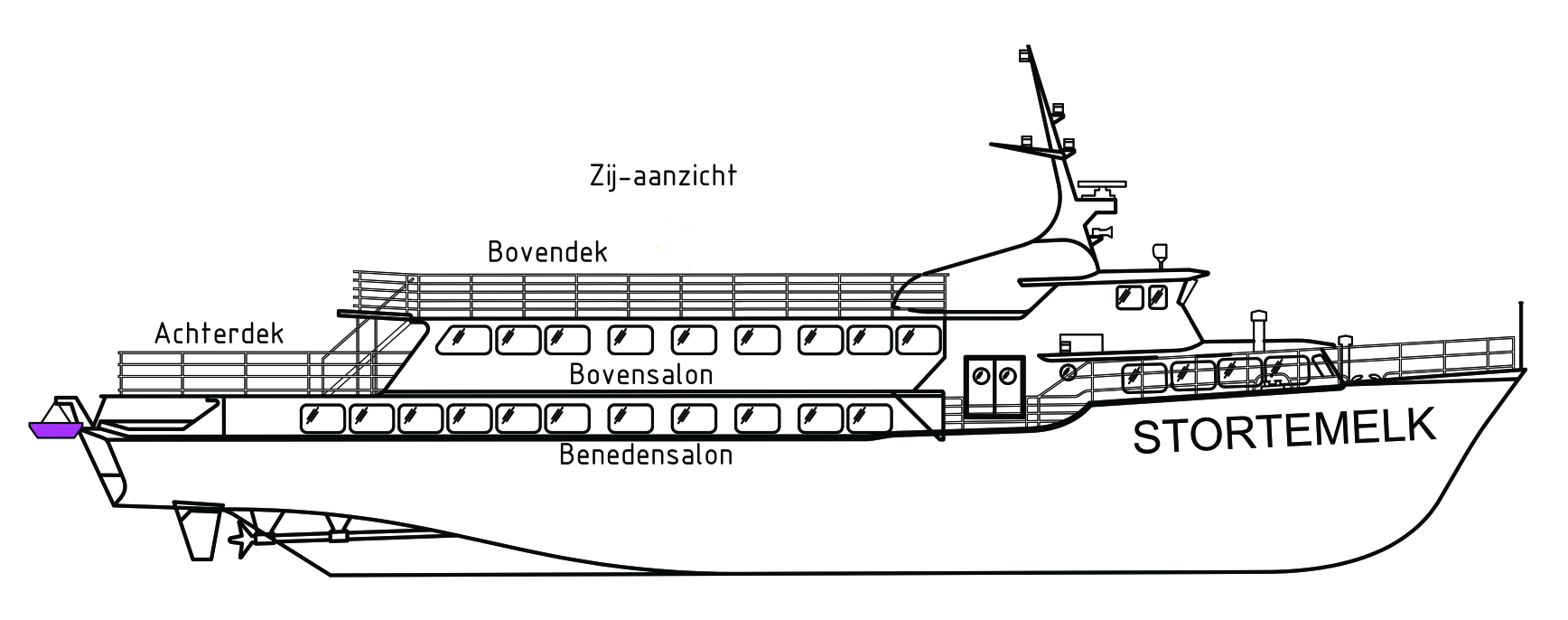 Tekening zij aanzicht schip Stortemelk